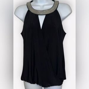 White House Black Market Faux Wrap Black Top With Silver Neckline Size Small